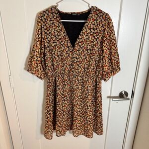 Boohoo Floral Print V Neck Midi Dress Women US 12 Black Orange Yellow